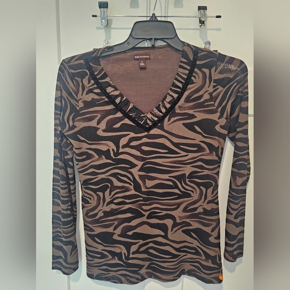 Dana Buchman Zebra Print Top Small Brown Black V-Neck Beaded Trim Long Sleeve